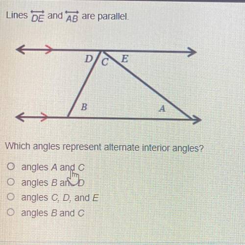 Lines DE and AB are parallel.

D C
E
S
B
Which angles represent alternate interior angles?
O angle