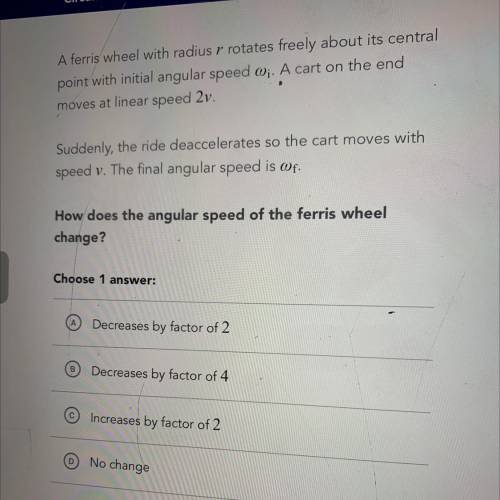 A ferris wheel with radius r rotates freely about its central

point with initial angular speed wi
