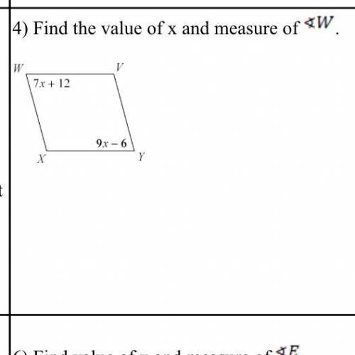 PLEASEEEE HELPPP!!!Will mark brainliest

Find the value of x and measure of <) W.
7x+12
9x-6
