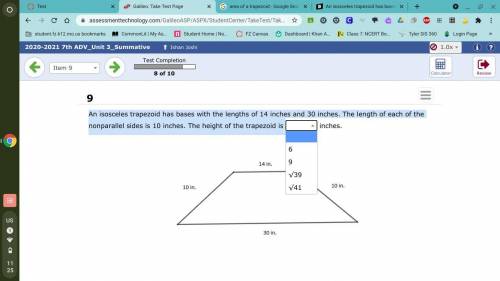 An isosceles trapezoid has bases with the lengths of 14 inches and 30 inches. The length of each of