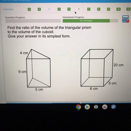 Find the ratio of the volume of the triangular prism

to the volume of the cuboid.
Give your answe