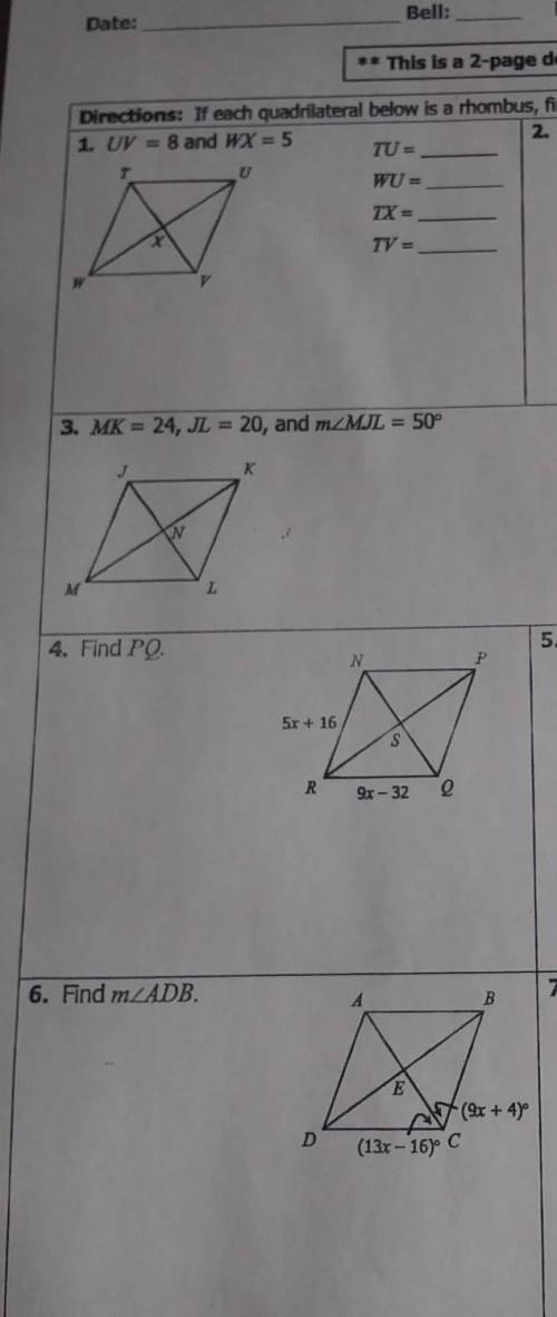 Unit 7:Polygons & Quadrilaterals Homework 4: Rhombi and squares