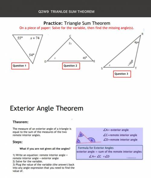Practice: triangle sum theorem on a piece of paper solve for the variable , then find the missing a