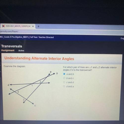 For which pair of lines are 21 and 22 alternate interior
angles if d is the transversal