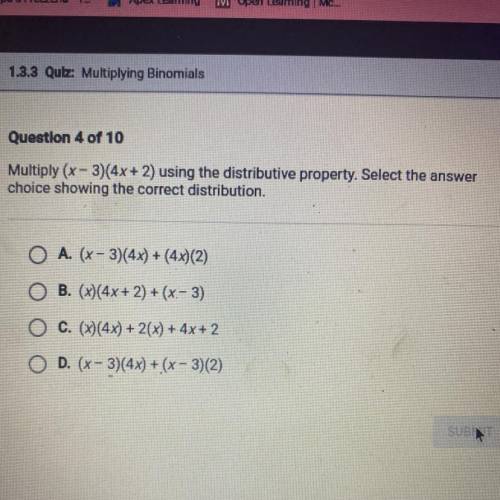 Multiply (x - 3)(4x + 2) using the distributive property. Select the answer

choice showing the co