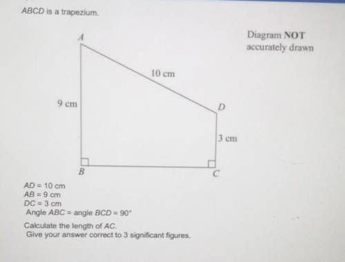 ABCD is a trapezium.

ADiagram NOTaccurately drawn10 cm9 cm3 cmB.AD = 10 cmAB = 9 cmD0= 6 cmAngle