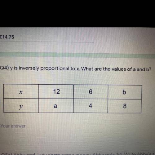 Y is inversely proportional to x. What are the values of a and b?