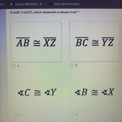 If triangle ABC is congruent to XYZ, which statement is always true