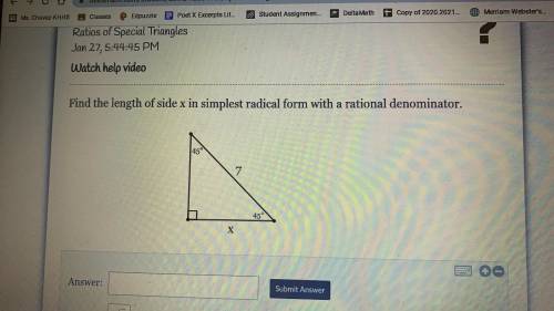 Find the length of side x in the simplest radical form with rational denominator