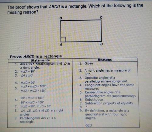 The proof shows that ABCD is a rectangle which of the following is the missing reason?
