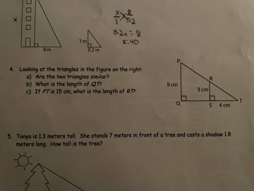 a) Are the two triangles similar? b) What is the length of QT? c) If PT us 15 cm, what is the lengt
