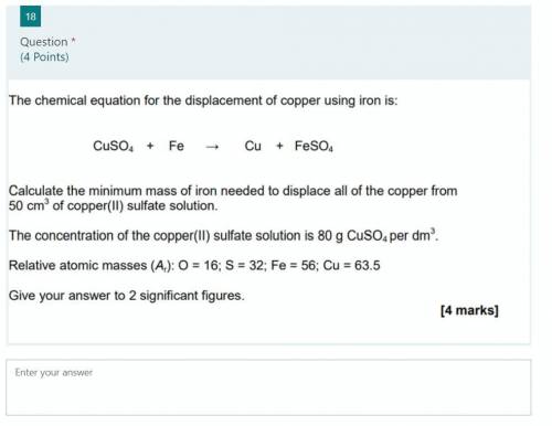Calculate the minimum mass of iron needed to displace all of the copper from 50cm3 of copper(II) su