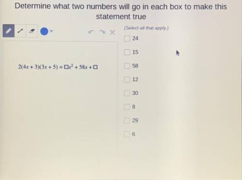 Determine what two numbers will go in each box to make this statement true

2(4x+3)(3x+5)= [] x^ 2