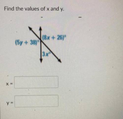 Find the values of x and y 
(5y+38) 
(8x+26)
3x