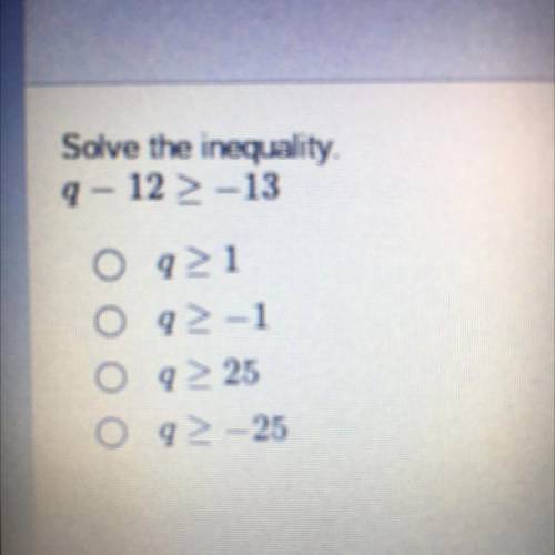 HELPPPP
Solve the inequality.
9 - 12 13
O q>1
O 9-1
o 925
09> - 25