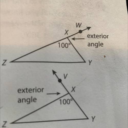 An exterior angle of a triangle is formed by extending one side of a triangle. There are two exteri