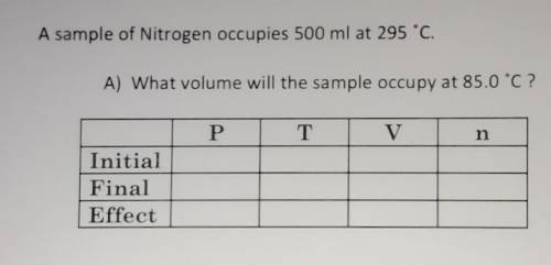 A sample of Nitrogen occupies 500 ml at 295 °C. A) What volume will the sample occupy at 85.0 °C ?