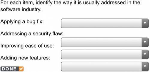 For each item, identify the way it is usually addressed in the software industry. Applying a bug fi