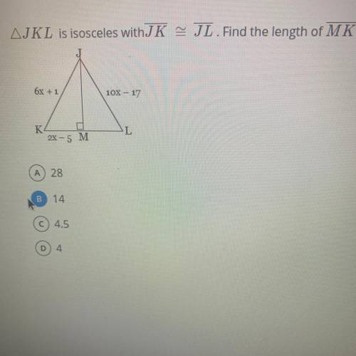 AJKL is isosceles with JK JL. Find the length of MK