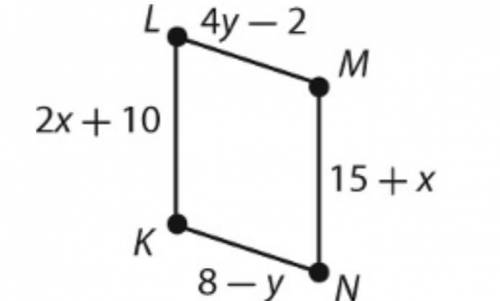 If KLMN is a parallelogram and
m∠K = 110°, then what is m∠L?