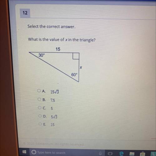 Select the correct answer.
What is the value of X in the triangle?