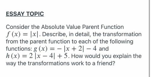 Consider the Absolute Value Parent Function ()=||. Describe, in detail, the transformation from the