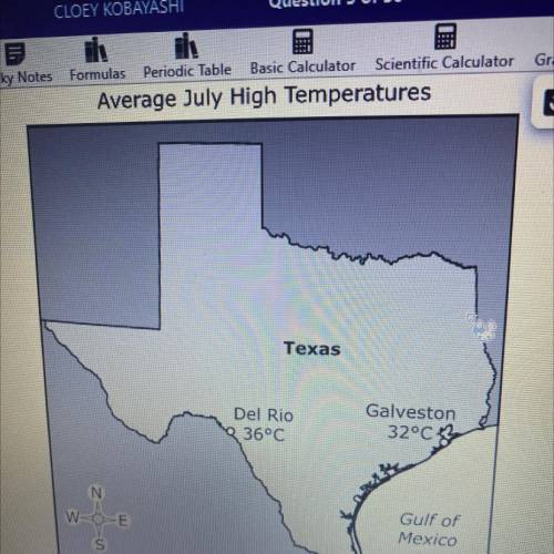 the map shows the average high temperatures in July for two citys in Texas. What is most likely exp