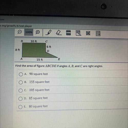 Find the area of figure ABCDE if angles A, B, and C are right triangle