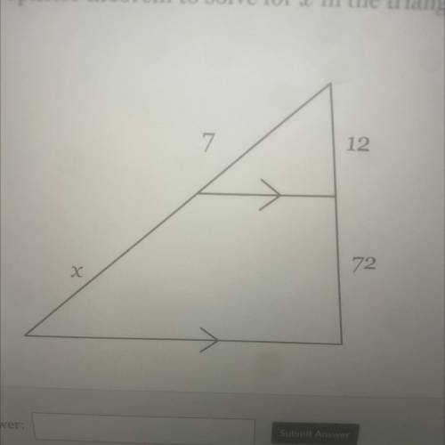 Use the side-splitter theorem to solve for x in the triangle below.