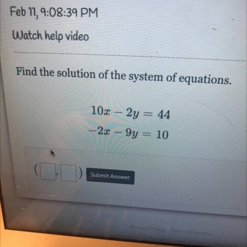 Find the solution of the system of equations.
10x – 2y = 44
-2x - 9y = 10