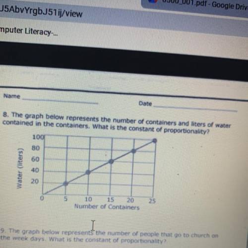 Name

Date
8. The graph below represents the number of containers and liters of water
contained in