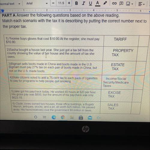 Match each scenario with the tax it is describing by putting the correct number next t

the proper