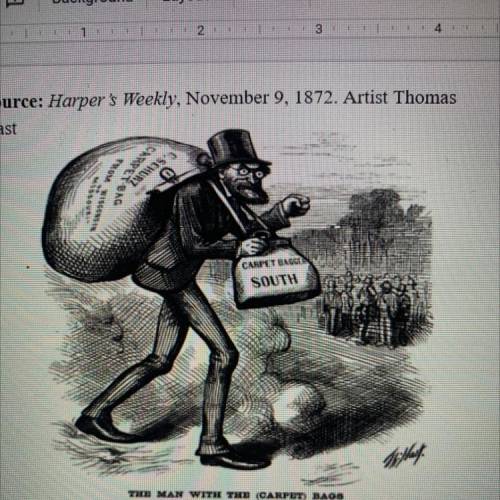 1. What can you infer about carpetbaggers from the inscription on his bag?

2. Explain the caption
