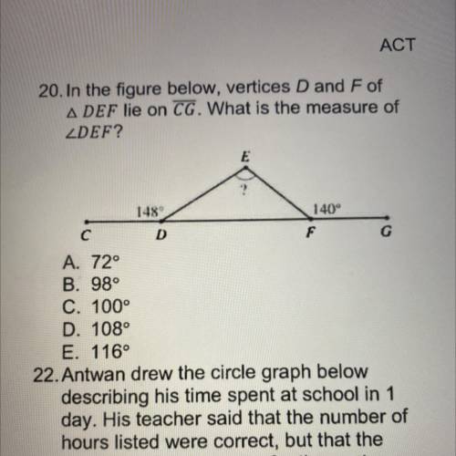 I NEED HELP!!

In the figure below, vertices D and F of
A DEF lie on CG. What is the measure of
DE