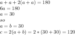 a+a+2(a+a)=180\\6a=180\\a=30\\so \\a =b =30\\c=2(a +b )=2*(30+30)=120\\