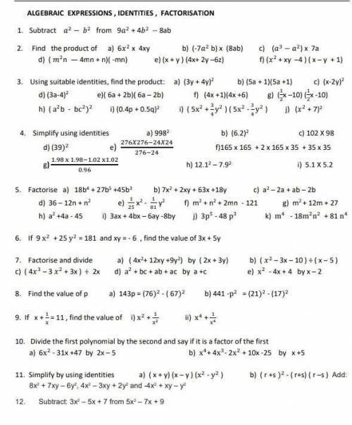 ALGEBRAIC EXPRESSION, FACTORIZATION AND IDENTITIES... pls help me in this...​