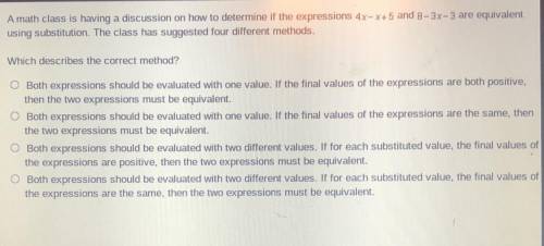 A math class is having a discussion on how to determine if the expressions 4x-xe5 and 8-37-3 are eq