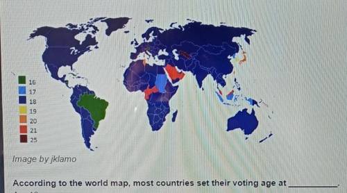 According to the world map, most countries set their voting age at blank. Please select the best an