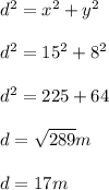 d^2=x^2+y^2\\ \\ d^2=15^2+8^2\\ \\ d^2=225+64\\ \\ d=\sqrt{289}m\\ \\ d=17m