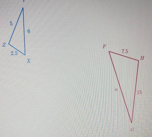 Triangle XYZ is similar to triangle fgh solve for n​
