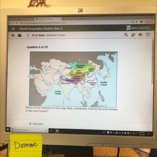 Which of the features on this map likely contributes most to the arid climate

of the Gobi Desert?