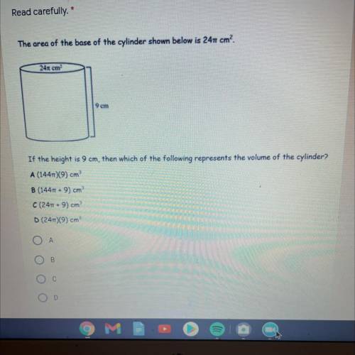 The area of the base of the cylinder shown below is 2411 cm?

24x cm
9 cm
If the height is 9 cm, t