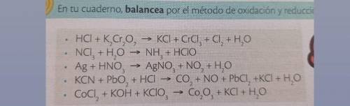 En tu cuaderno balances por el método de oxidación y reducción las siguientes ecuaciones.​