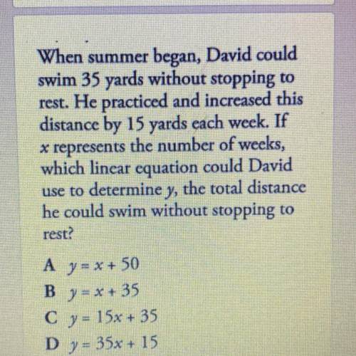 Which linear equation could David use to determine y, the total distance he could swim without stop