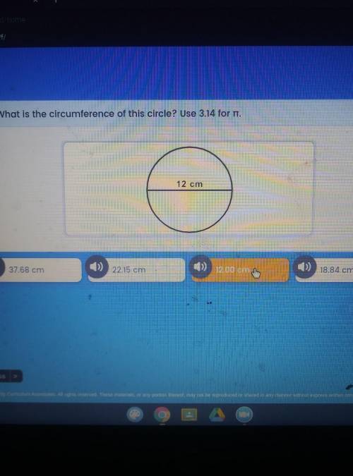 What is the circumference of this circle? Use 3.14 for T. 12 cm ()) 37,68 cm ()) 1200 cm 18.84 cm 2