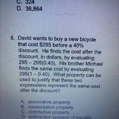 David wants to buy a new bicycle

that cost $295 before a 40%
discount. He finds the cost after t