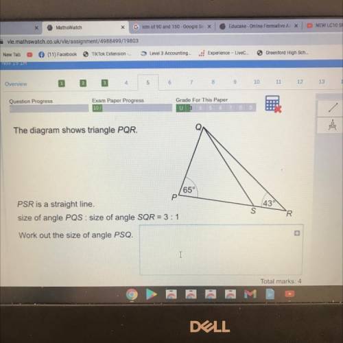 The diagram shows triangle PQR.

PSR is a straight line.
size of angle PQS : size of angle SQR = 3