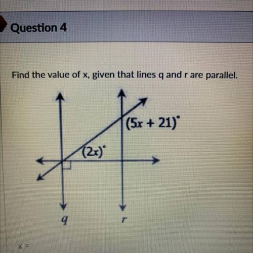 Find the value of x, given that lines q and rare parallel.
(5x + 21)
(2x)