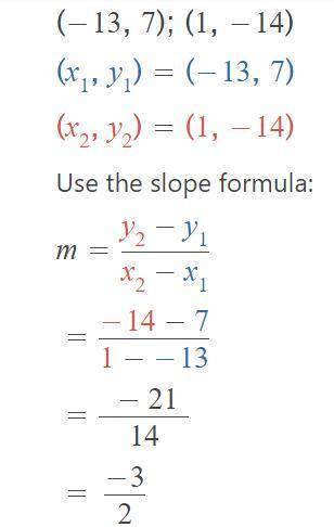 Find the slope of the line that passes through the pair of points
(-13,7) and (1, -14)