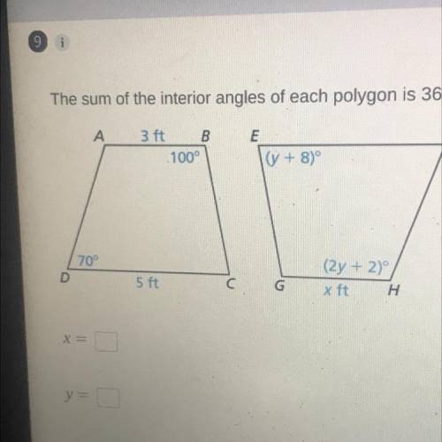 The sum of the interior angles of each polygon is 360￼°. In the diagram ABCD=HGEF find the values o